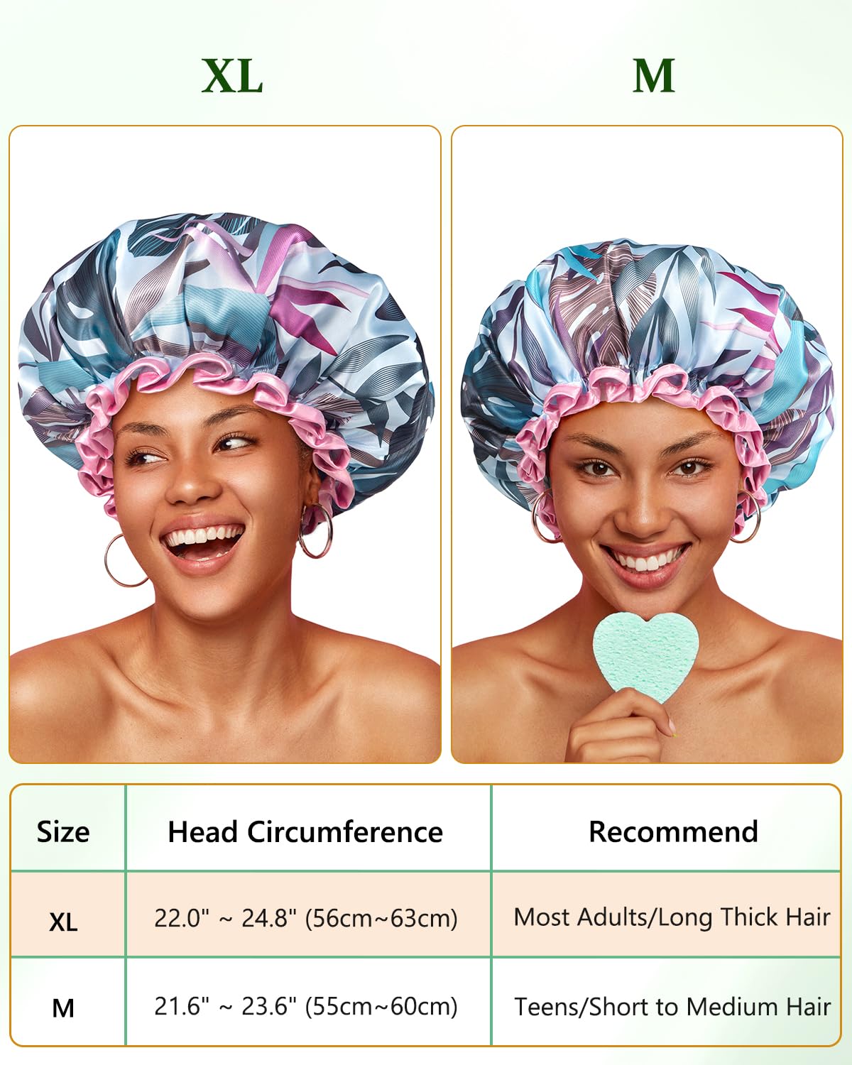 mikimini Large Shower Cap for Women, Adjustable, Tropic Style, 2 Pcs