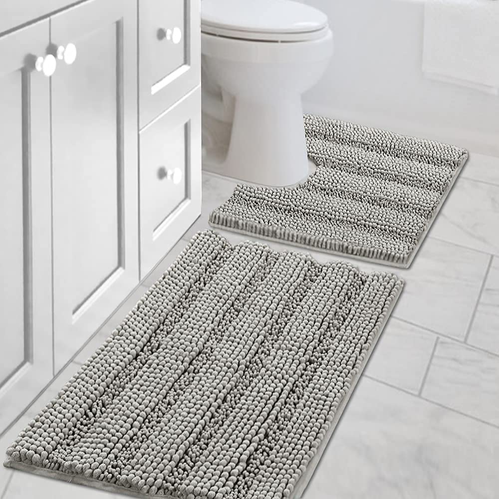 H.VERSAILTEX Grey Bathroom Rug Set Bath Mats, 2 Piece Bath Rugs Non Slip Thick Soft Chenille Striped Bath Rug Set, Bath Mats for Bathroom Sets (Grey, 20" x 32"/17" x 24")