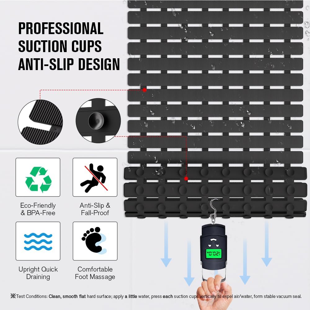 MBOSS Bath Tub Shower Mat Non Slip Bathtub Mats for Bathroom Shower Floor Mat Bath Mats for Shower Tub Anti Slip Shower Mat with Drain Hole and Large Suction Cups (Black, 27.5 X 15.7 Inch)