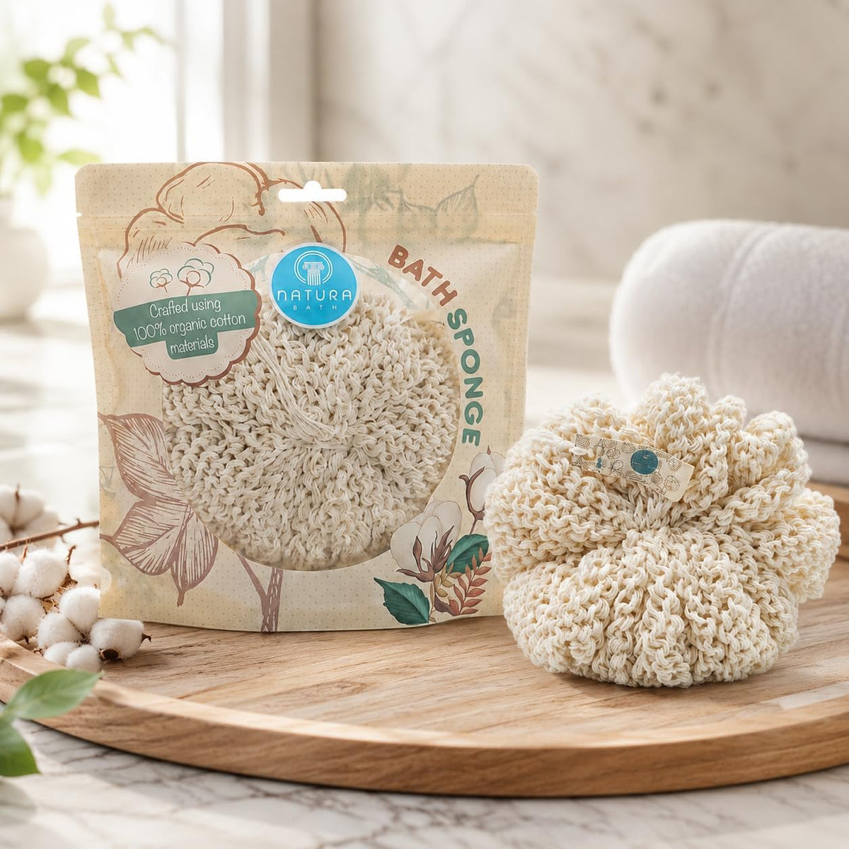 Organic Bath Sponge/Natura Bath Organic Cotton Bath Sponge – Ultra Soft Natural Body Sponge for Shower, Gentle Exfoliating Bath Sponge for Sensitive Skin, Reusable Eco-Friendly Shower Sponge