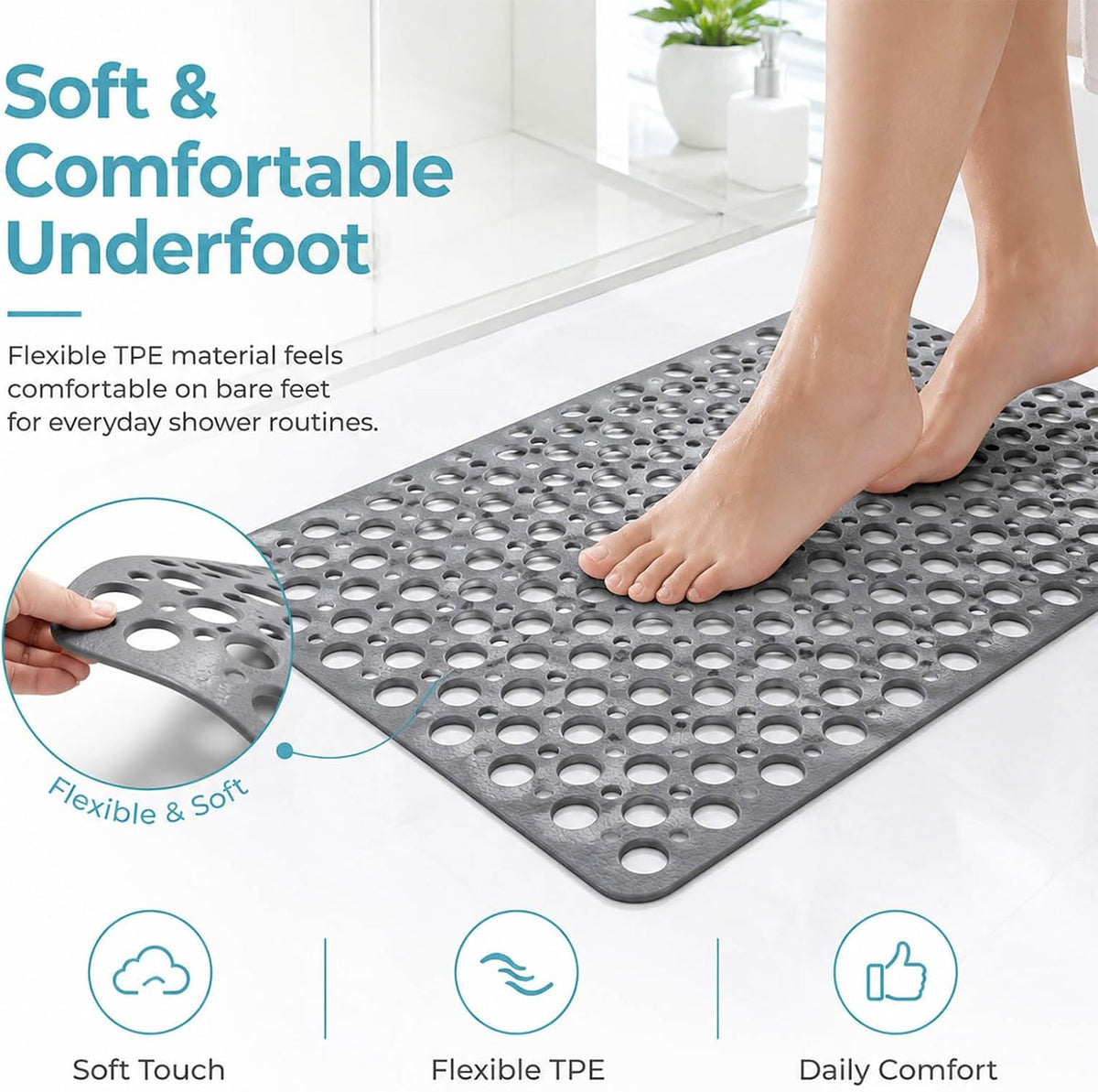 Casa and Beyond Shower Mat, Non Slip Shower Mats, Secure Shower Mats Easy to Clean,Washable Non-Slip Bathtub Mats for Inside Showers (Grey,27.6 * 15 in)