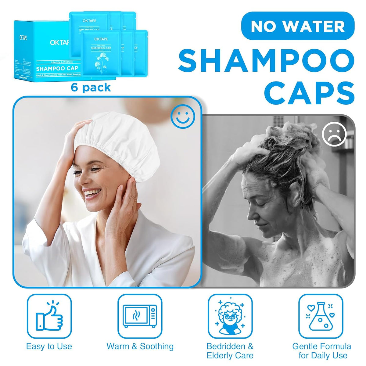 OK TAPE No Water Shampoo Caps (6 Pack) 3 Scents, Rinse Free Shower Cap