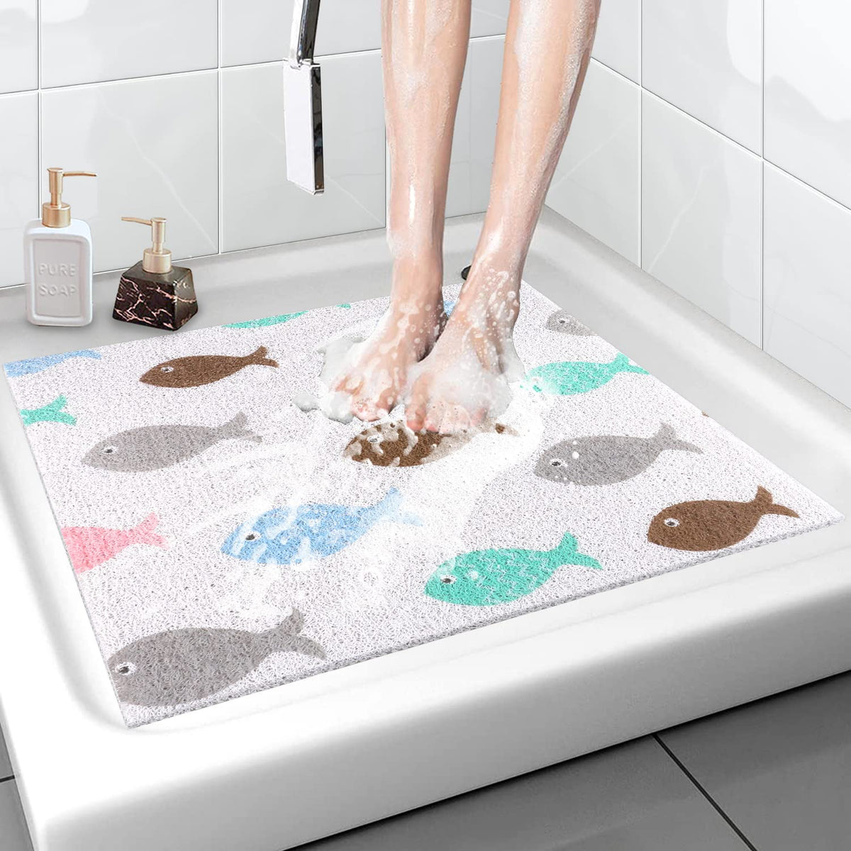 Shower Mat Non-Slip, Soft Comfort Bath Mat with Drainage Holes, PVC Loofah Massage Bathtub Mat for Shower, Tub, Bathroom, Wet Areas, Quick Drying