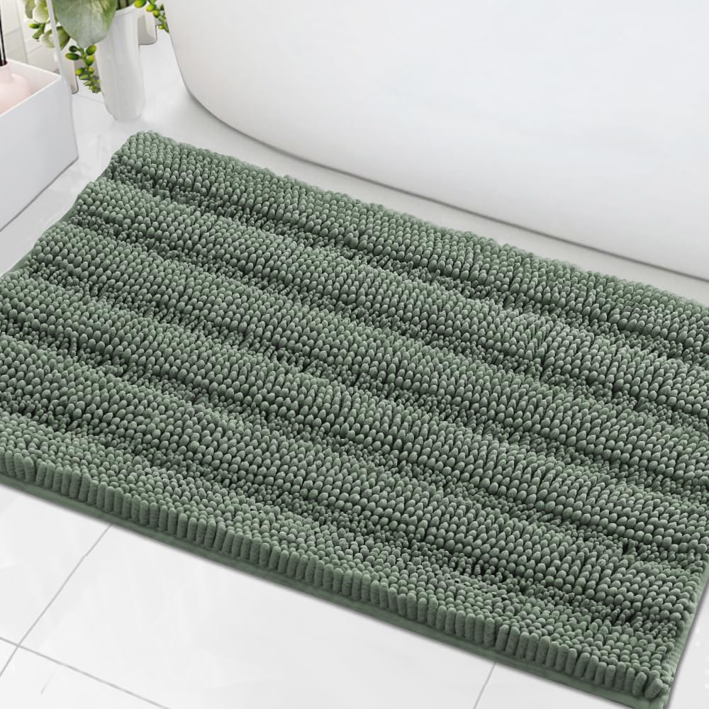 H.VERSAILTEX Grey Bathroom Rug Set Bath Mats, 2 Piece Bath Rugs Non Slip Thick Soft Chenille Striped Bath Rug Set, Bath Mats for Bathroom Sets (Grey, 20" x 32"/17" x 24")