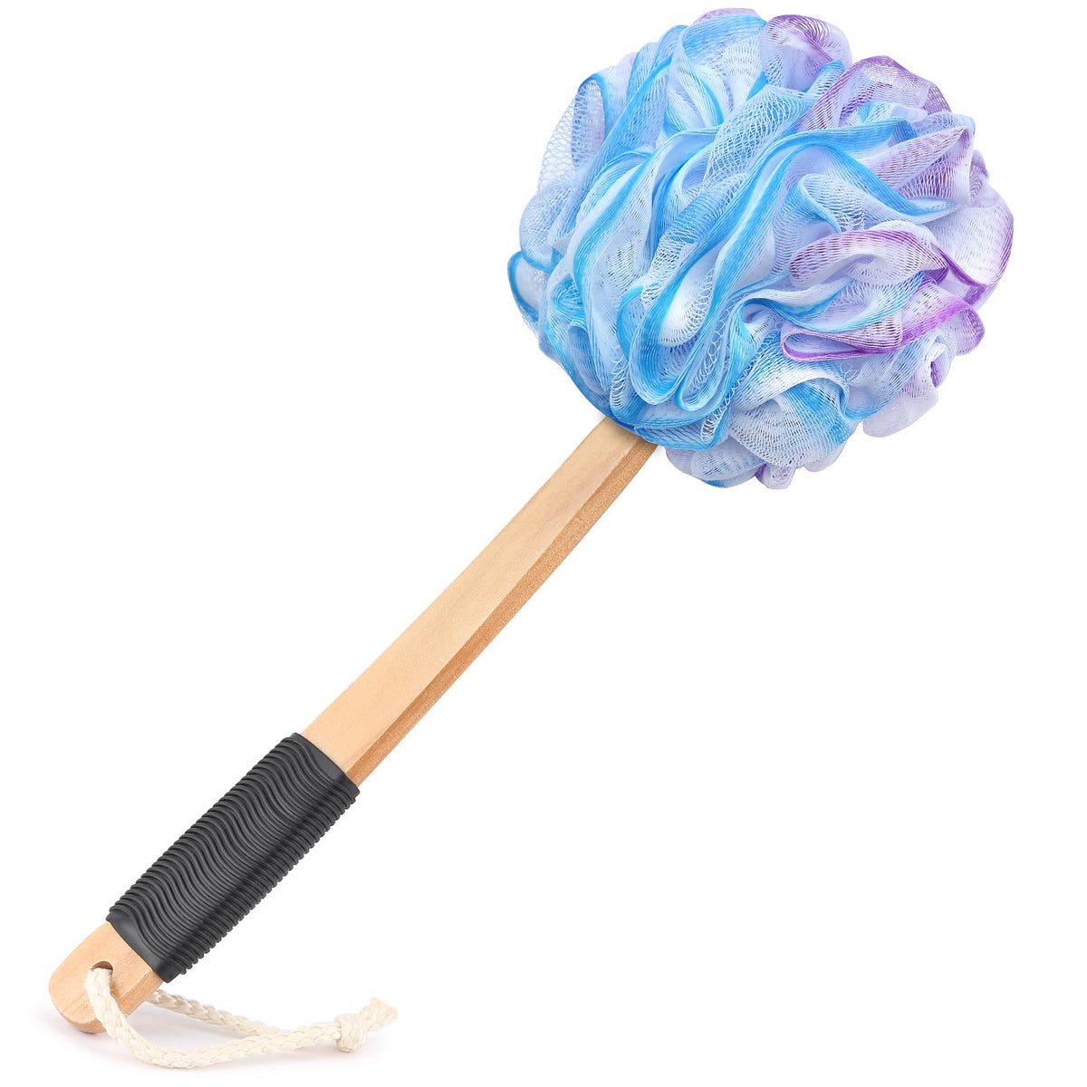 FORENEE Black Loofah on a Stick, PE Mesh Back Scrubber with Wood Handle