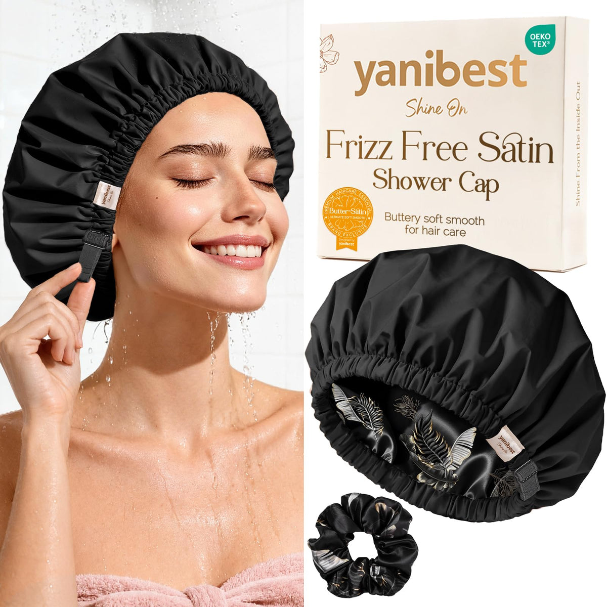 Yanibest Adjustable Satin Lined Shower Caps with Scrunchie