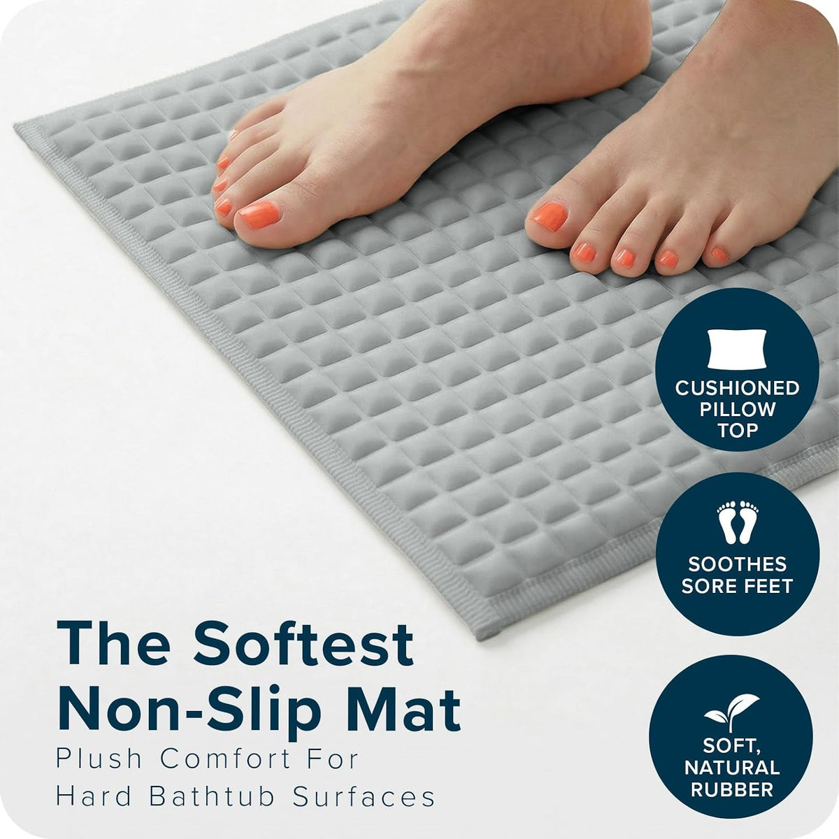 SlipX Solutions Pillow Top Soft Padded Non Slip Bathtub Mat, 27x15.5, Gray