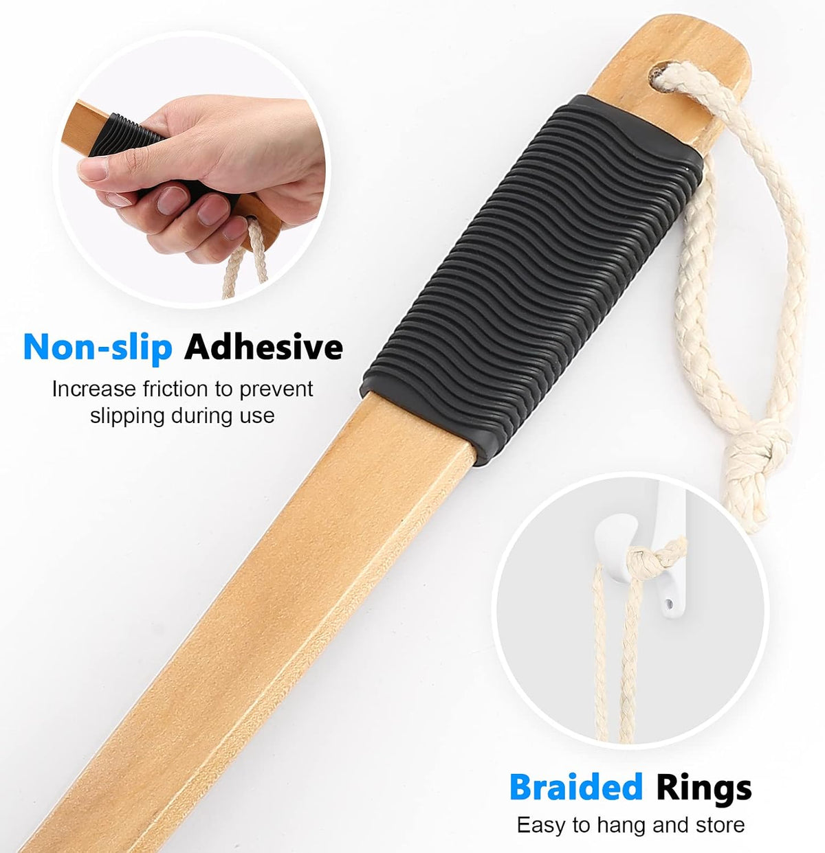 FORENEE Black Loofah on a Stick, PE Mesh Back Scrubber with Wood Handle