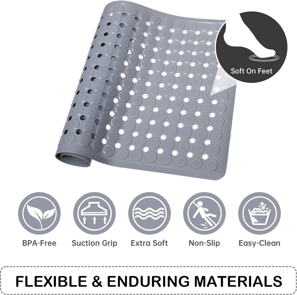 Non-Slip Bathtub and Shower Mats, Power Grip Bath Mat 35 x 16.3 Inch with Suction Cups and Drain Holes for Tub Bathroom Floor Safety, Machine Washable Soft Bathmat, Gray