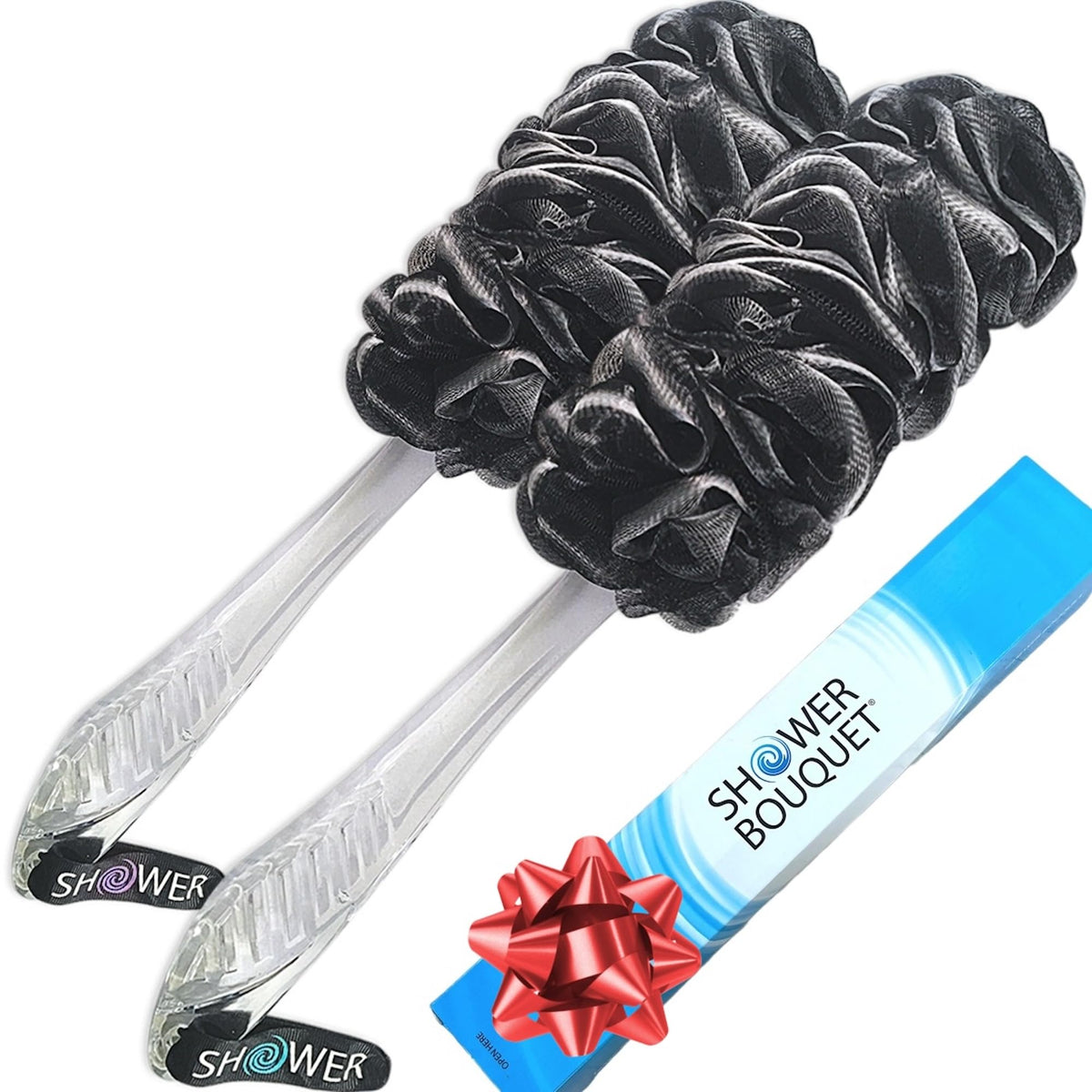 SHOWER BOUQUET Color-Charcoal Back-Loofah-with-Handle | 2-Pack Loofa Lufa