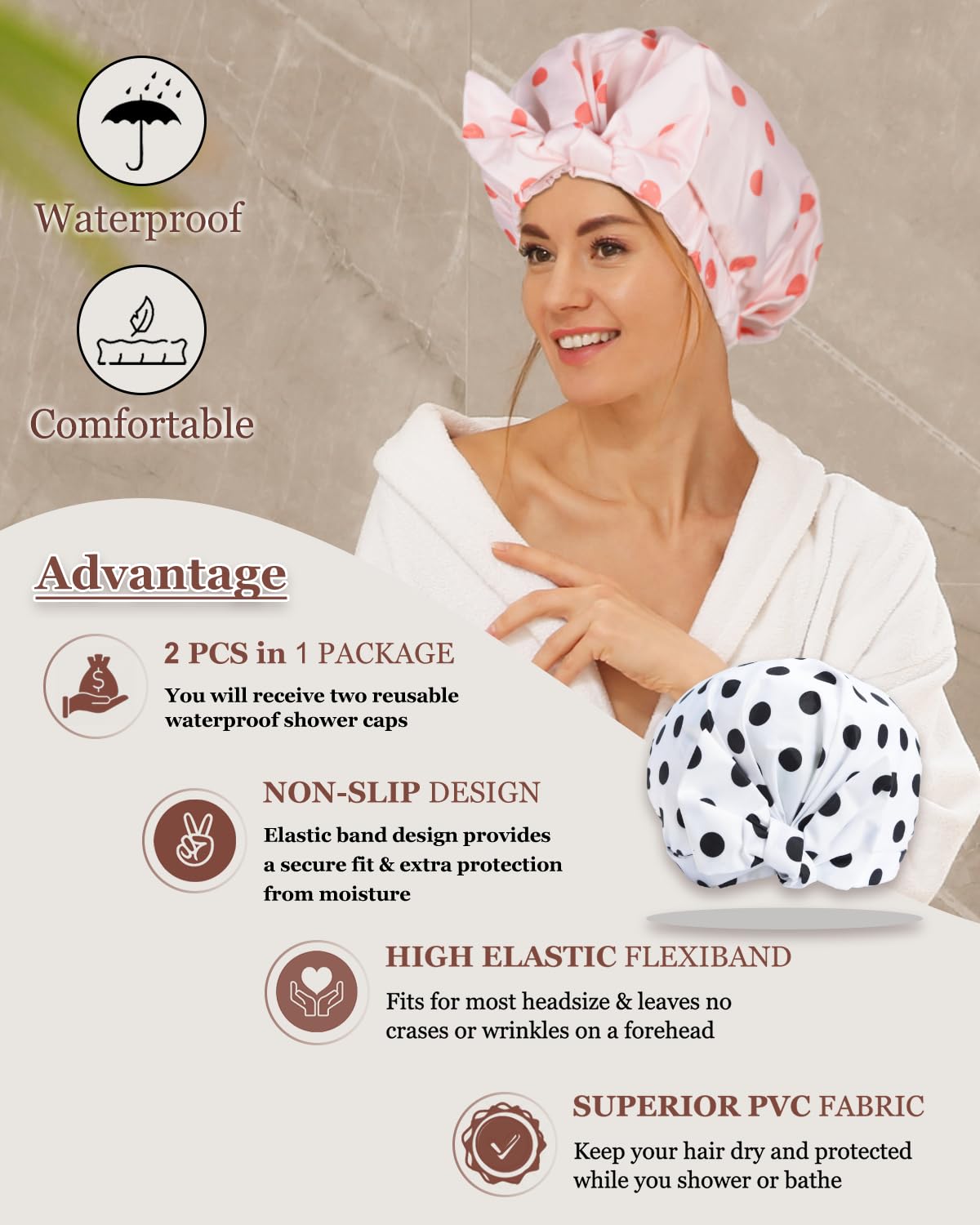 2Pcs Shower Caps for Women Shower Cap Reusable Waterproof Hair Cap for Shower with Adjustable Bowknot Luxury Bath Cap for Women (Black Dot & Pink Dot)