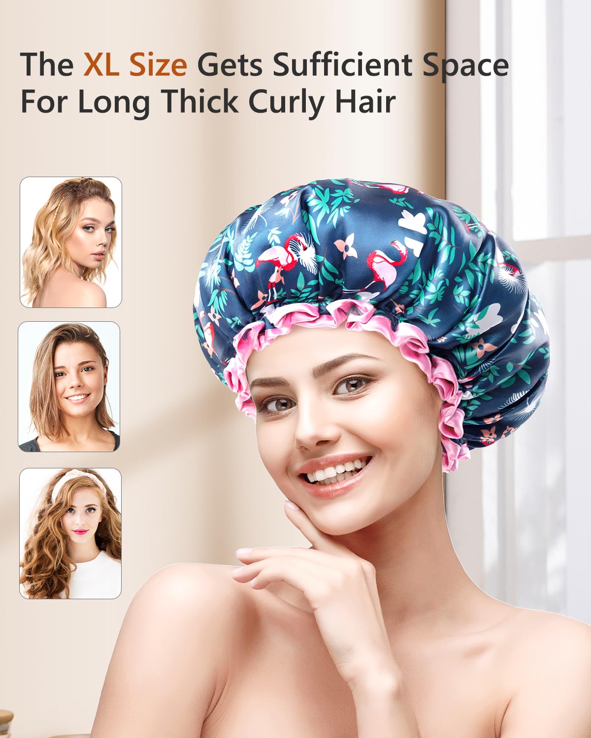 mikimini Large Shower Cap for Women Long Hair, 2 Pack,Flamingo Shower Caps with Pink Lace, Double-layer Waterproof, Reusable, Washable,X-Large (Pack of 2)