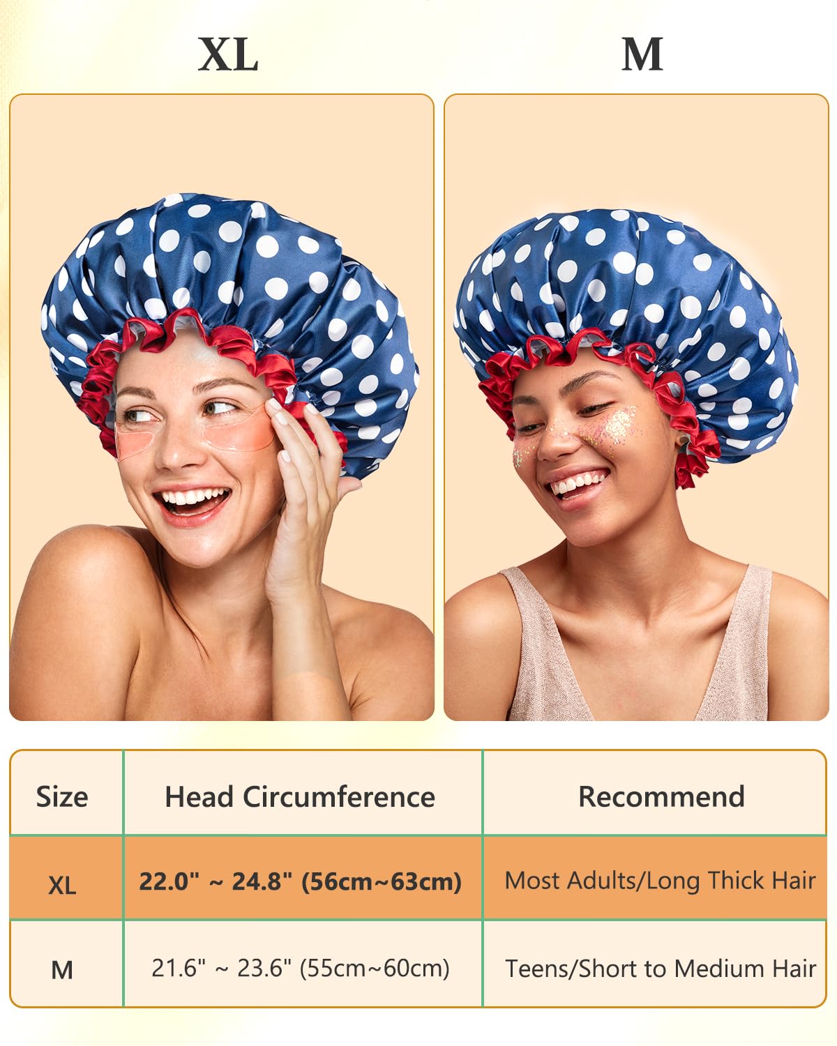 mikimini Shower Cap Waterproof for Women, Medium, 2 Pcs, Polka Dot
