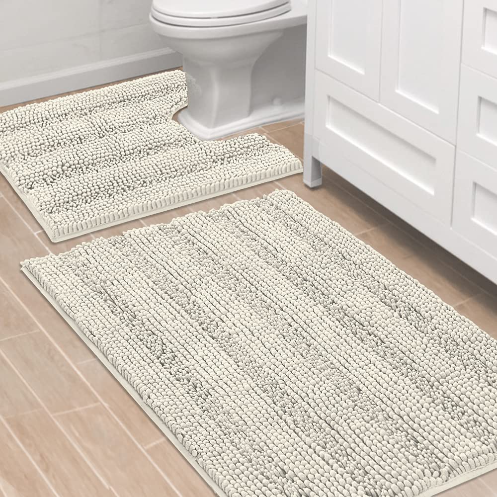 H.VERSAILTEX Grey Bathroom Rug Set Bath Mats, 2 Piece Bath Rugs Non Slip Thick Soft Chenille Striped Bath Rug Set, Bath Mats for Bathroom Sets (Grey, 20" x 32"/17" x 24")