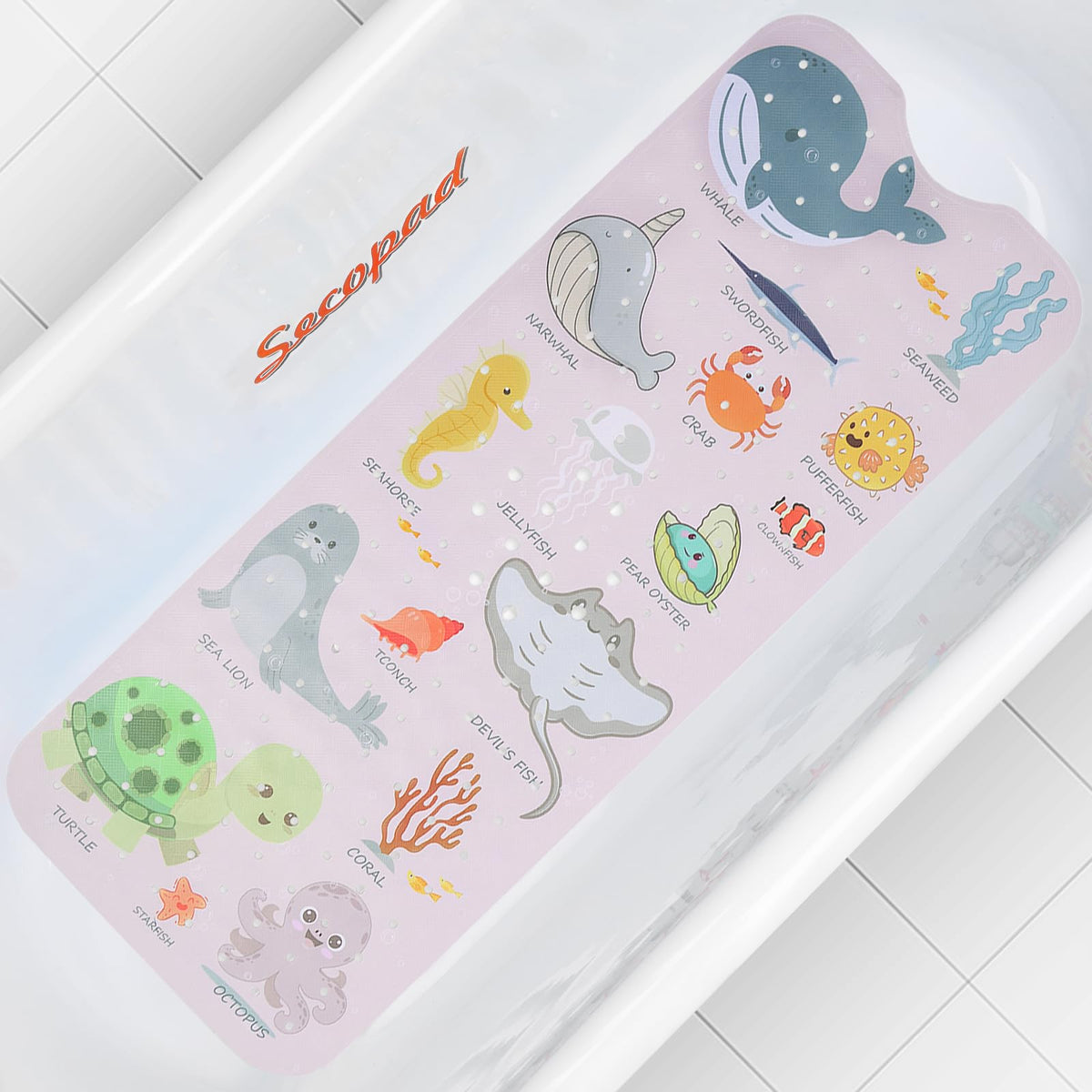 Secopad Bathtub Mat Non Slip, Cute Tub Mat, 40" x 16", Blue Sea Animals