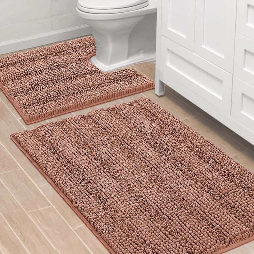 H.VERSAILTEX Grey Bathroom Rug Set Bath Mats, 2 Piece Bath Rugs Non Slip Thick Soft Chenille Striped Bath Rug Set, Bath Mats for Bathroom Sets (Grey, 20" x 32"/17" x 24")