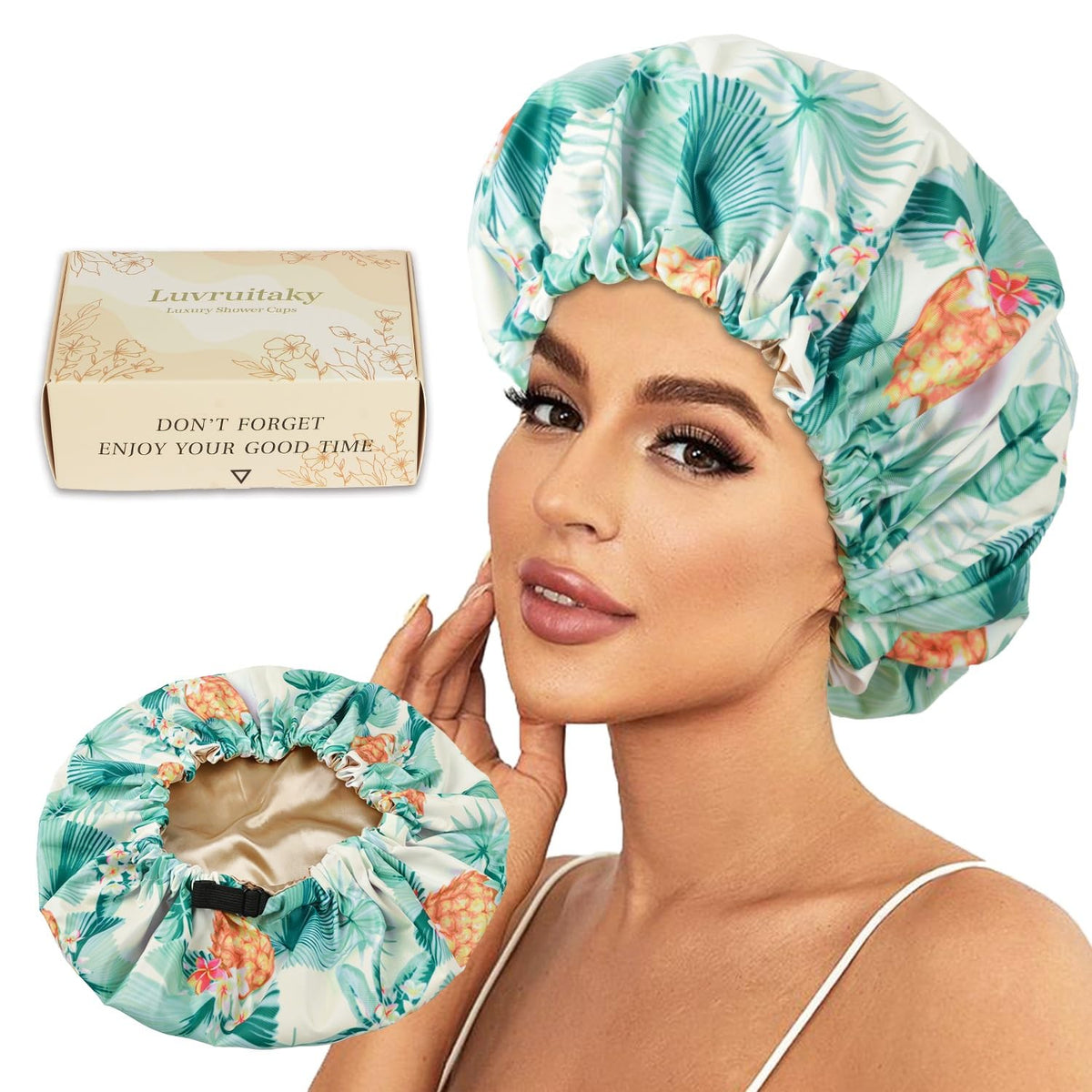 2Pcs Shower Caps for Women Shower Cap Reusable Waterproof Hair Cap for Shower with Adjustable Bowknot Luxury Bath Cap for Women (Black Dot & Pink Dot)