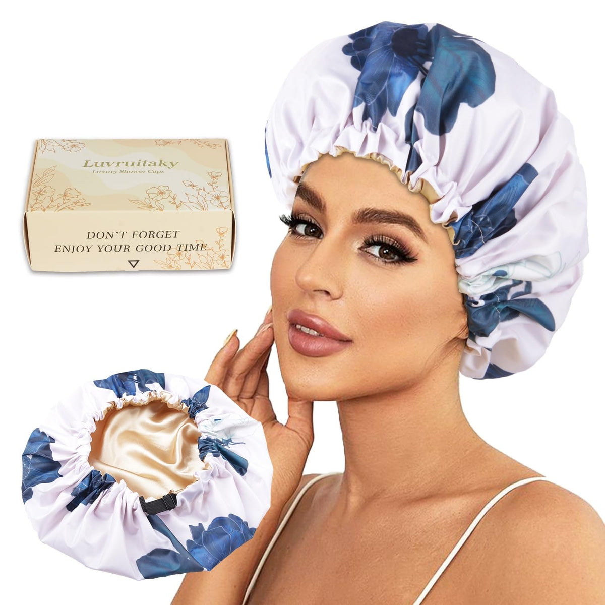 2Pcs Shower Caps for Women Shower Cap Reusable Waterproof Hair Cap for Shower with Adjustable Bowknot Luxury Bath Cap for Women (Black Dot & Pink Dot)
