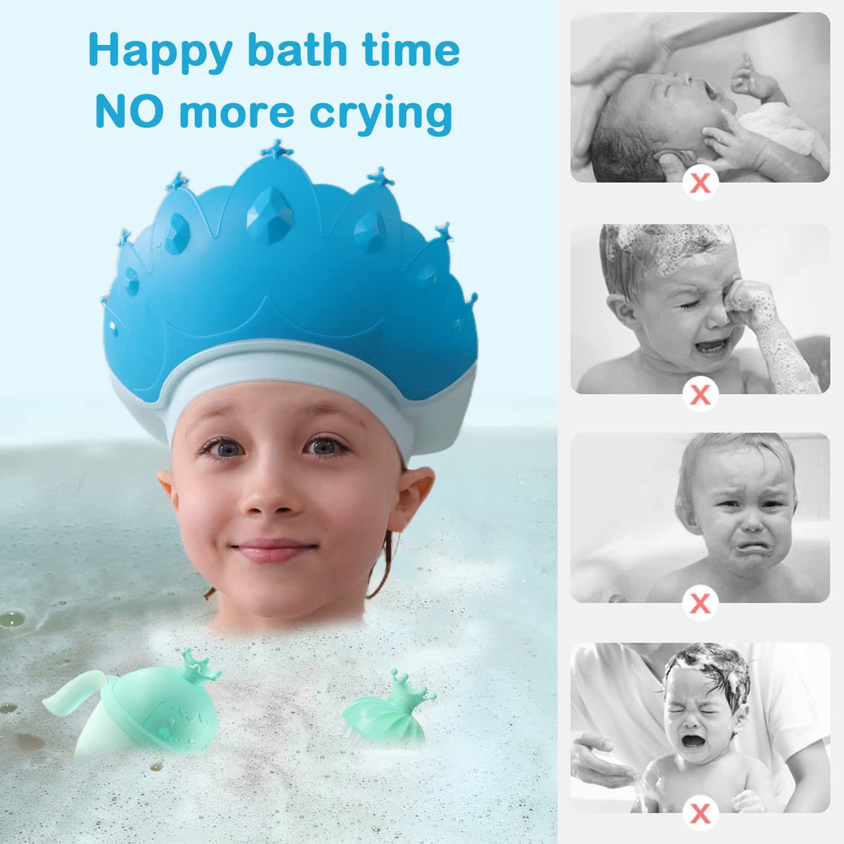 Baby Shower Cap Shield, Baby bath set shower cap/water cup/massage brush,Visor Hat for Eye and Ear Protection for 0-9 Years Old Children,Cute Crown Shape Makes the Baby Bath More Fun (Blue)