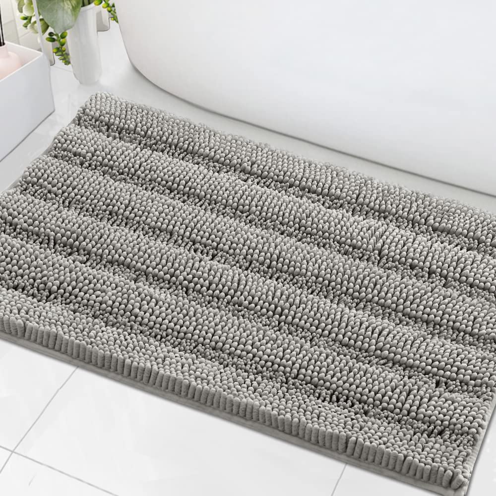H.VERSAILTEX Grey Bathroom Rug Set Bath Mats, 2 Piece Bath Rugs Non Slip Thick Soft Chenille Striped Bath Rug Set, Bath Mats for Bathroom Sets (Grey, 20" x 32"/17" x 24")