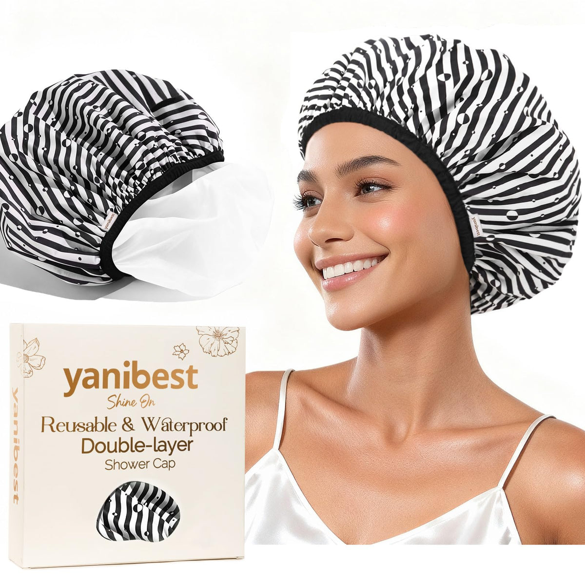 Yanibest Shower Cap Reusable Waterproof, Double Layer Shower Caps for Women