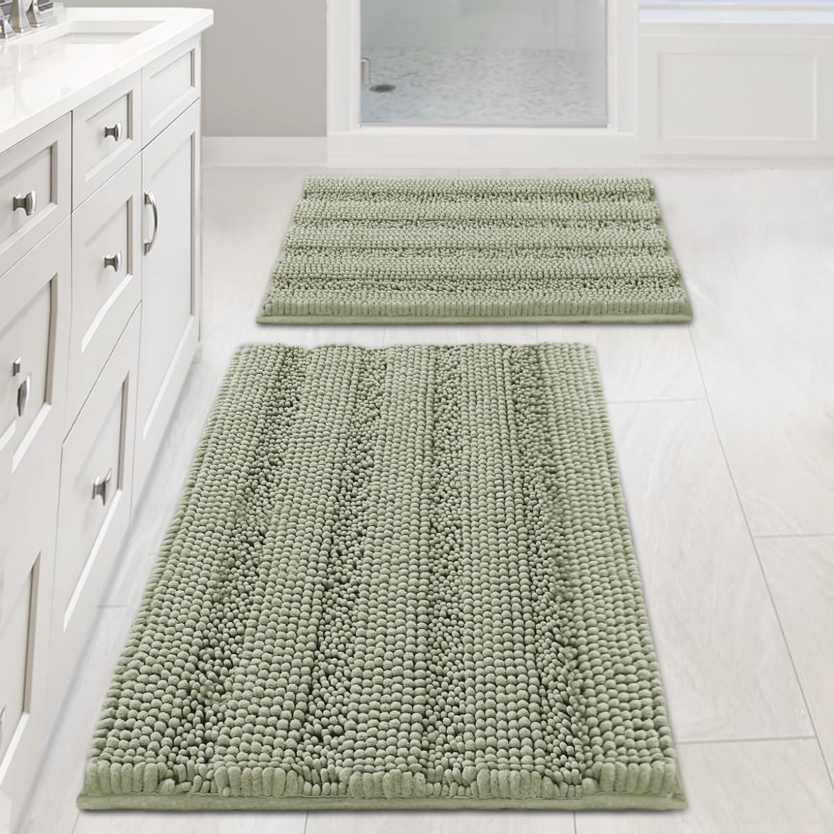 H.VERSAILTEX Grey Bathroom Rug Set Bath Mats, 2 Piece Bath Rugs Non Slip Thick Soft Chenille Striped Bath Rug Set, Bath Mats for Bathroom Sets (Grey, 20" x 32"/17" x 24")