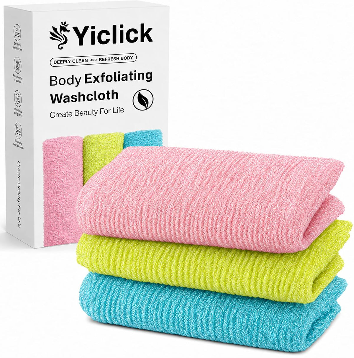 Yiclick 3 PCS Exfoliating Washcloth Towels - Exfoliating Body Scrubber Exfoliator, Back Scrubber for Shower Bath Use, Japanese & Korean Scrub Wash Cloths, Loofah Lufa Sponge Washer for Women Men