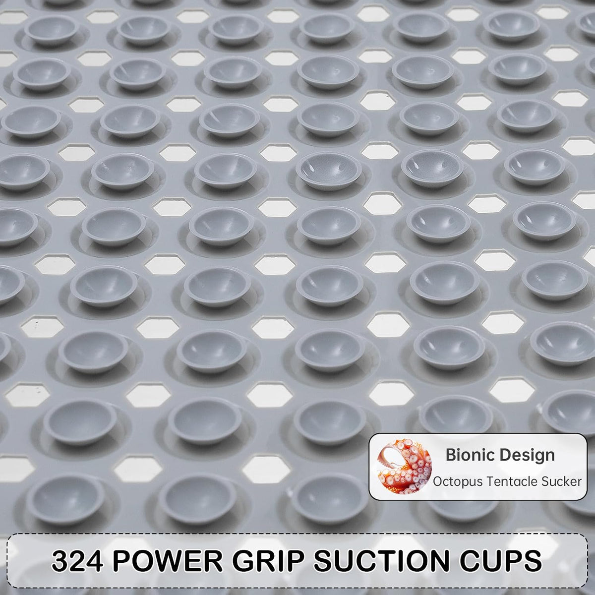 Non-Slip Bathtub and Shower Mats, Power Grip Bath Mat 35 x 16.3 Inch with Suction Cups and Drain Holes for Tub Bathroom Floor Safety, Machine Washable Soft Bathmat, Gray