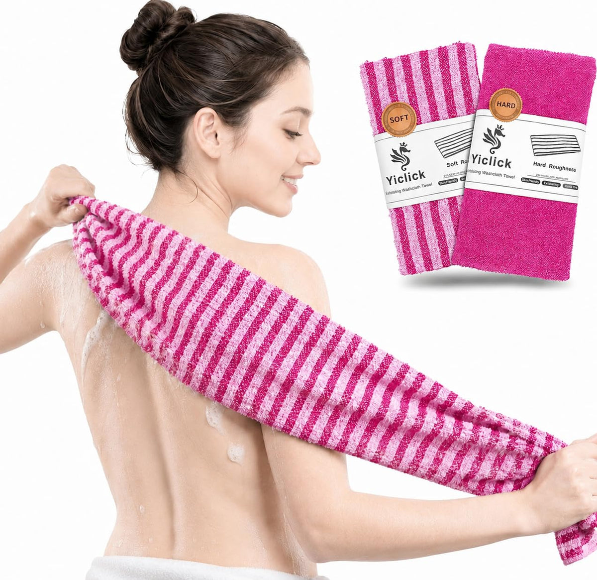 Yiclick Exfoliating Washcloth Towel, Back Scrubber for Shower for Women, Exfoliating Body Scrubber, Loofah Sponge Wash Cloth, Korean Japanese Exfoliating Shower Towel, Exfoliator Washer for Bath