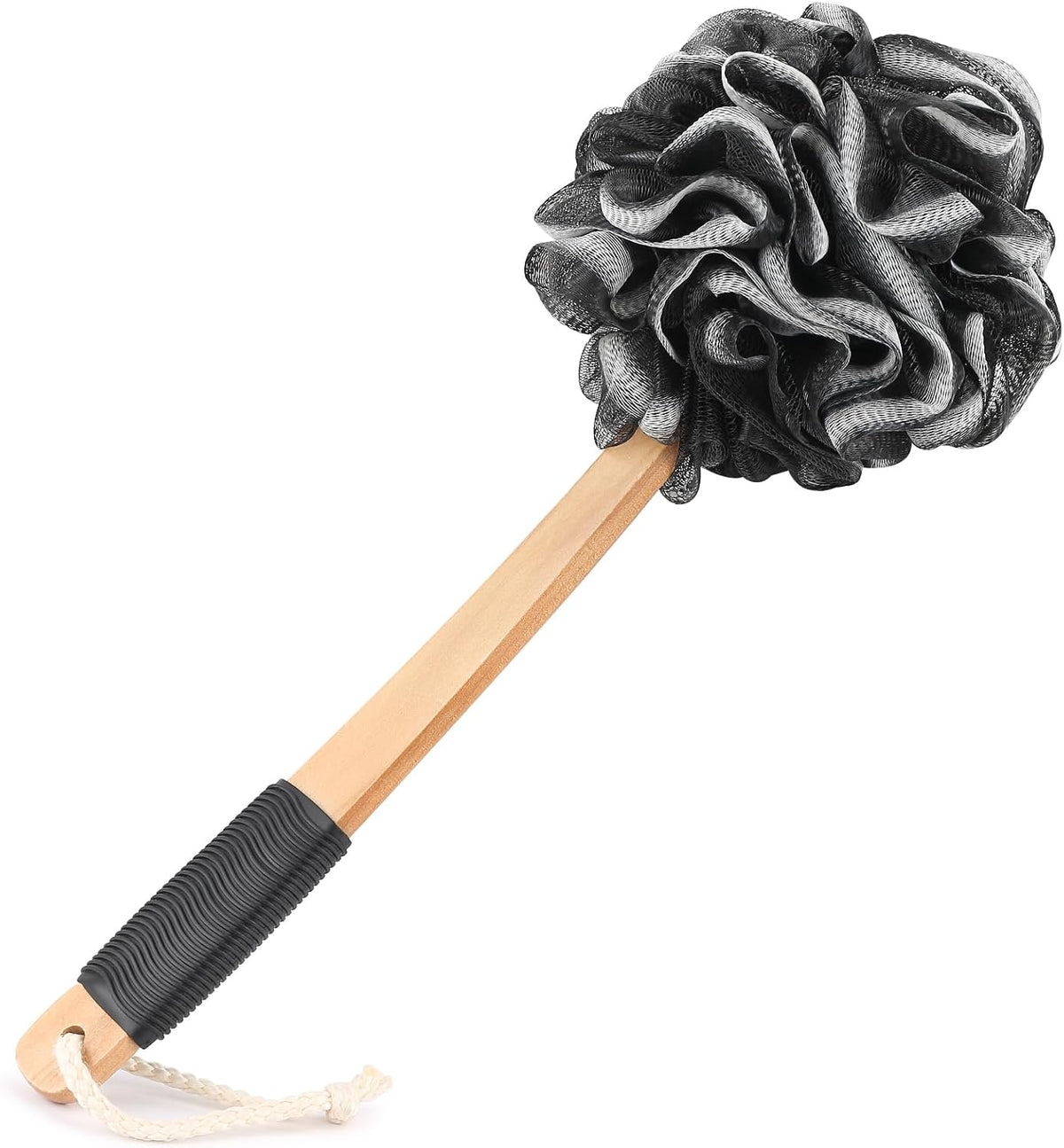 FORENEE Black Loofah on a Stick, PE Mesh Back Scrubber with Wood Handle