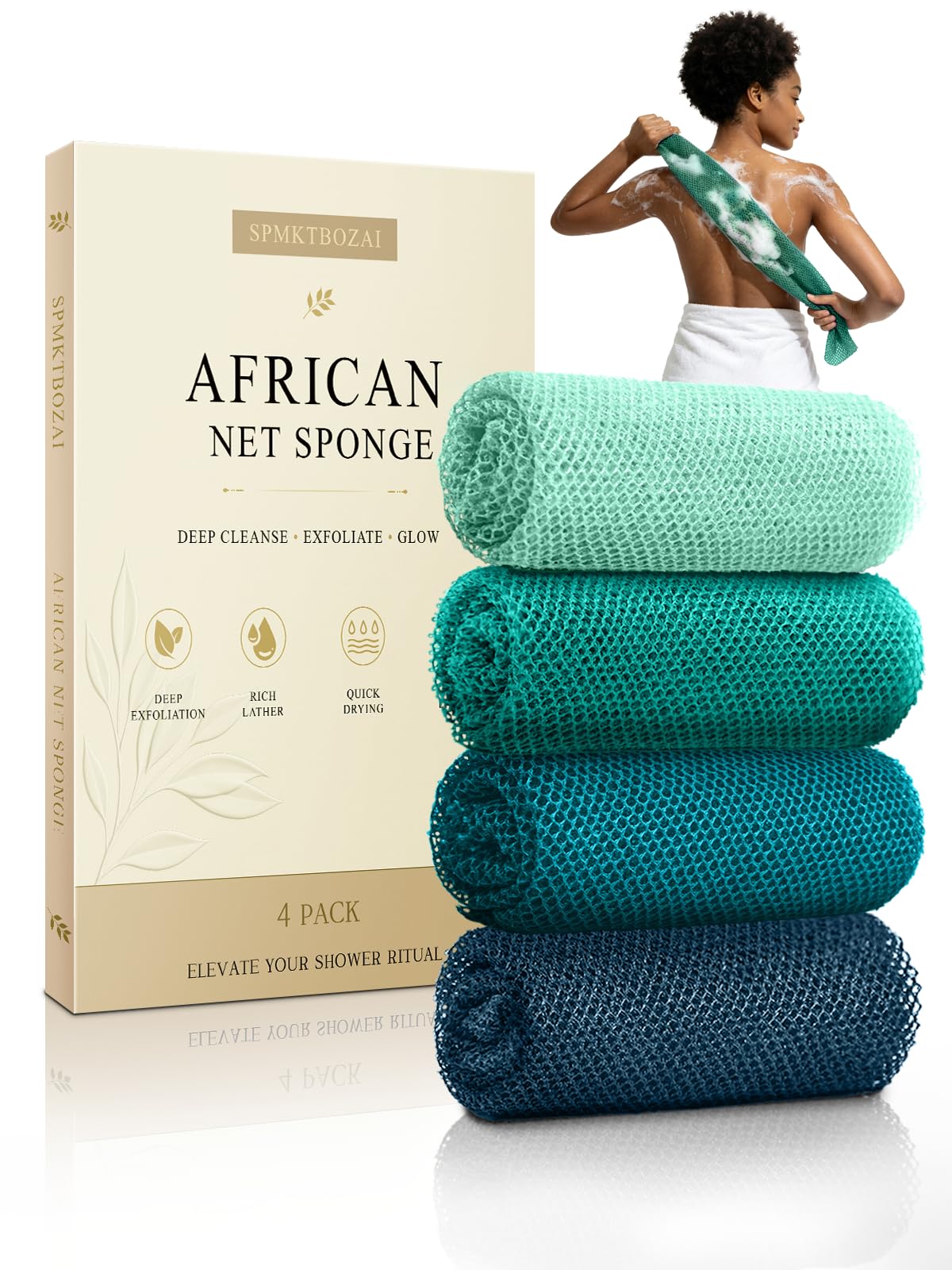 SPMKTBOZAI 4 Pack African Net Sponge, African Exfoliating Net for Body