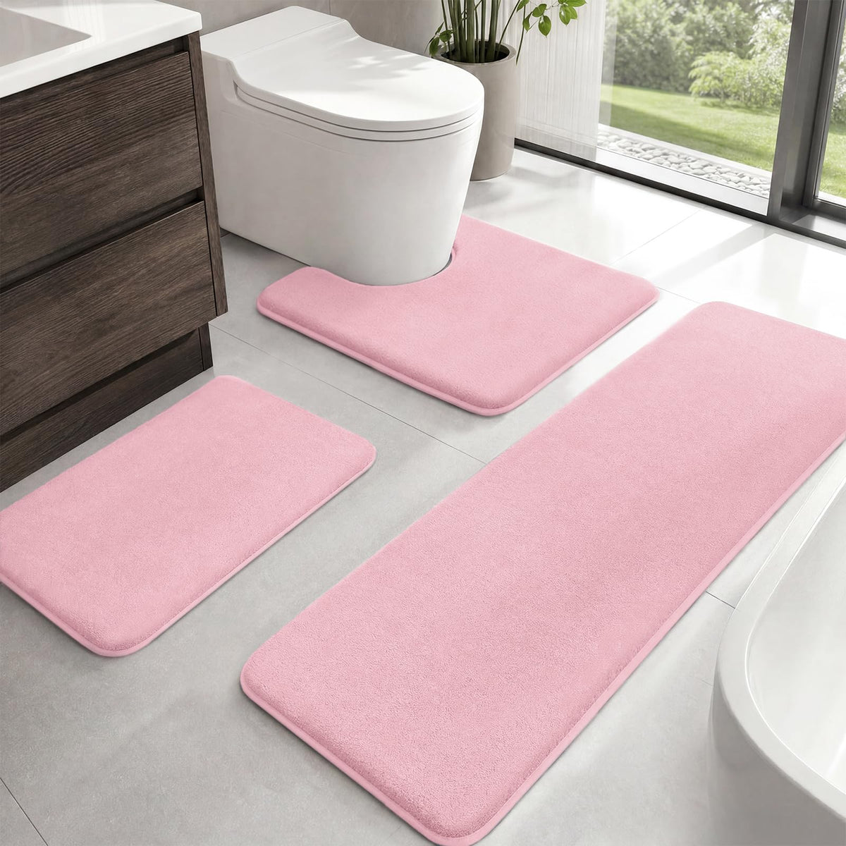 HUXMEYSON Bathroom Rugs Sets 3 Piece, Non-Slip & Quick Dry Bath Mat Set, Ultra Soft Velvet Bath Rugs for Bathroom, Toilet and Shower Floor, Grey