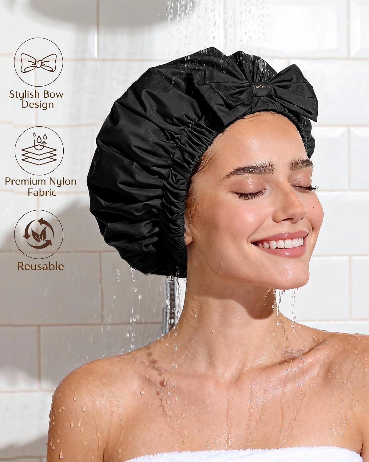 Yanibest Shower Cap Reusable Waterproof, Wide Elastic Band Bath Cap