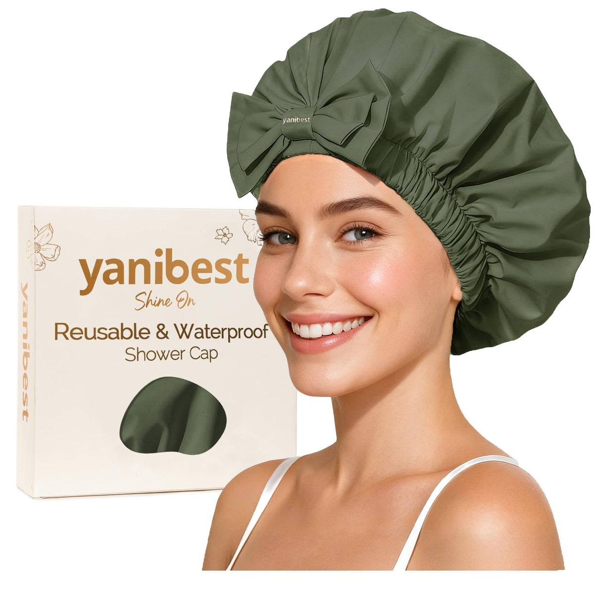 Yanibest Shower Cap Reusable Waterproof, Wide Elastic Band Bath Cap