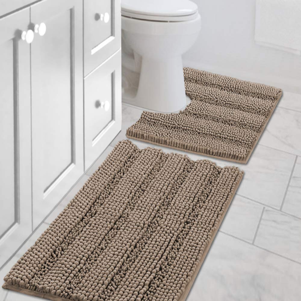 H.VERSAILTEX Grey Bathroom Rug Set Bath Mats, 2 Piece Bath Rugs Non Slip Thick Soft Chenille Striped Bath Rug Set, Bath Mats for Bathroom Sets (Grey, 20" x 32"/17" x 24")