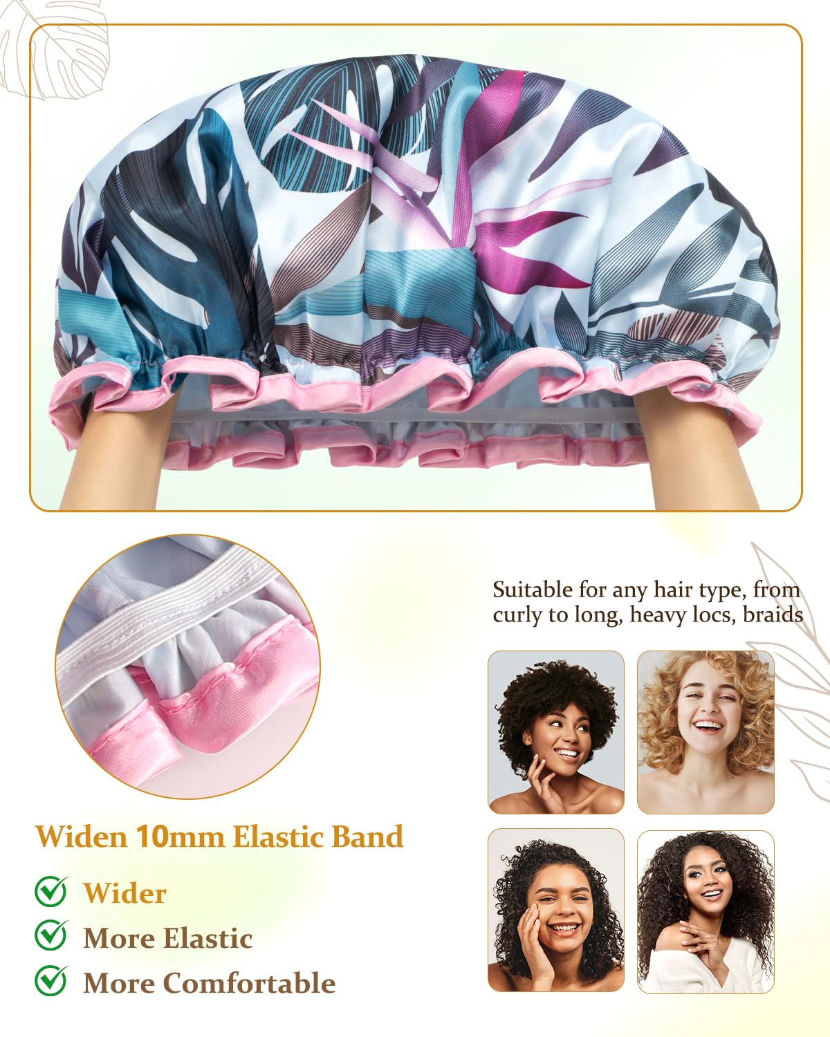 mikimini Large Shower Cap for Women, Adjustable, Tropic Style, 2 Pcs