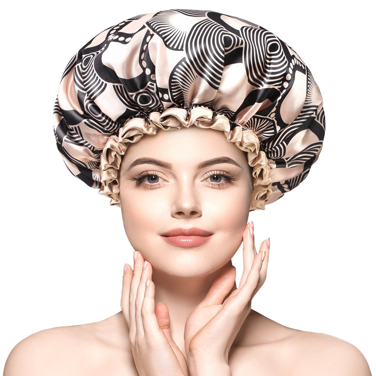 mikimini Champagne Large Shower Caps Pack of 2, Shower Cap for Women Long Hair with Black Lace, Reusable Waterproof Shower Hat for Girls