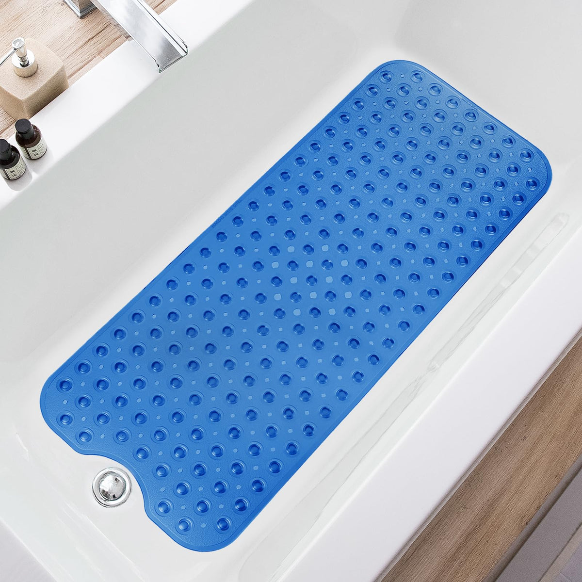 TEESHLY Bath Tub and Shower Mats, Non-Slip 39 x 16 Inch Extra Long Bathtub Mat, Machine Washable BathMat with Drain Holes, Suction Cups for Bathroom (Opaque White)