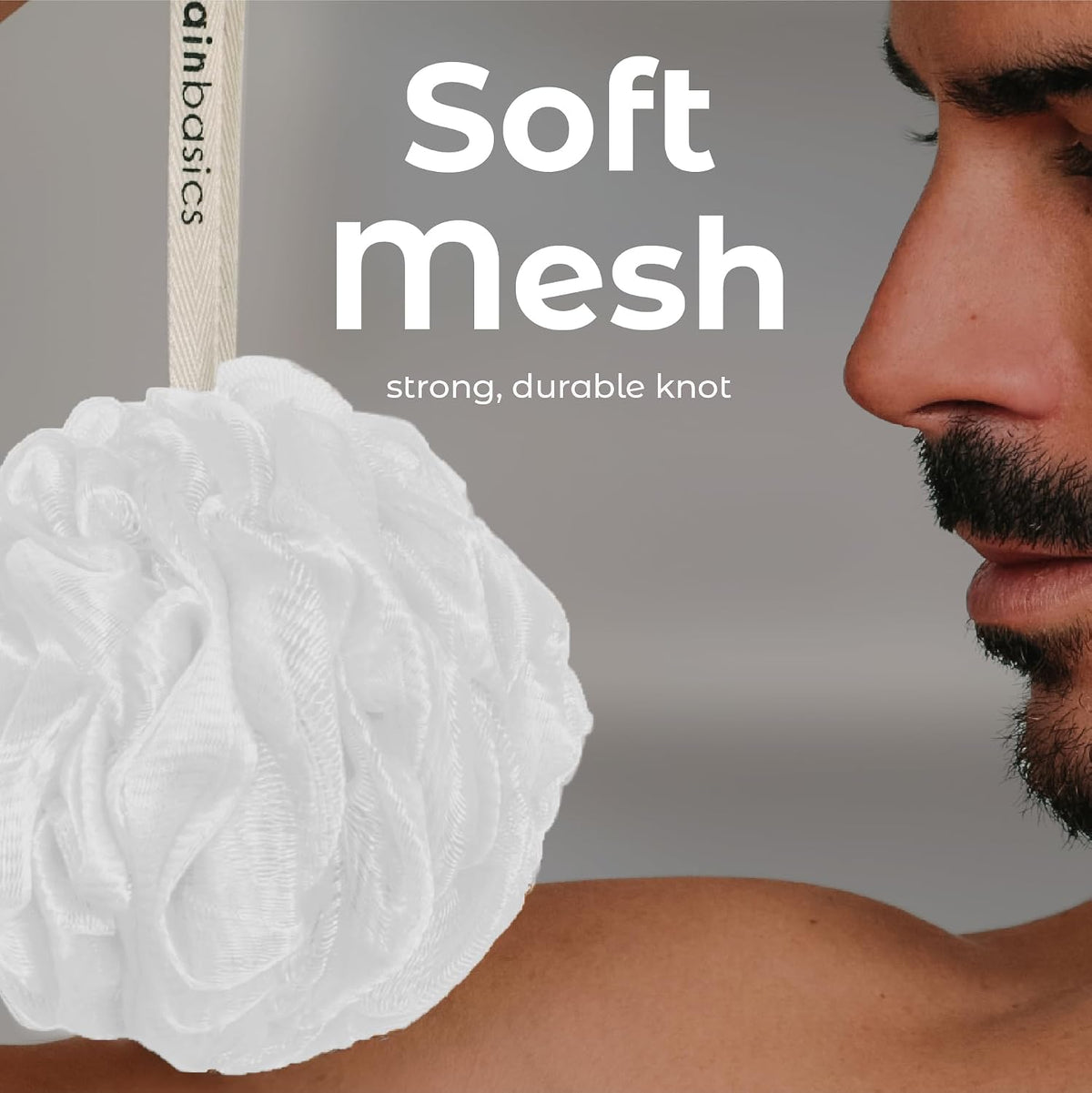 MainBasics Shower Loofah Sponge Pouf, Set of 3, Snow White