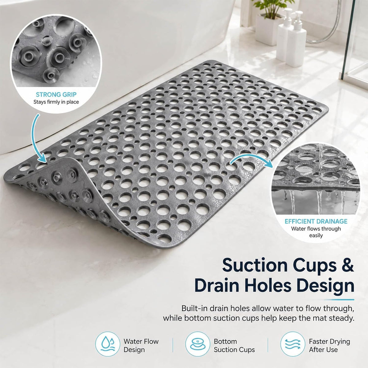 Casa and Beyond Shower Mat, Non Slip Shower Mats, Secure Shower Mats Easy to Clean,Washable Non-Slip Bathtub Mats for Inside Showers (Grey,27.6 * 15 in)