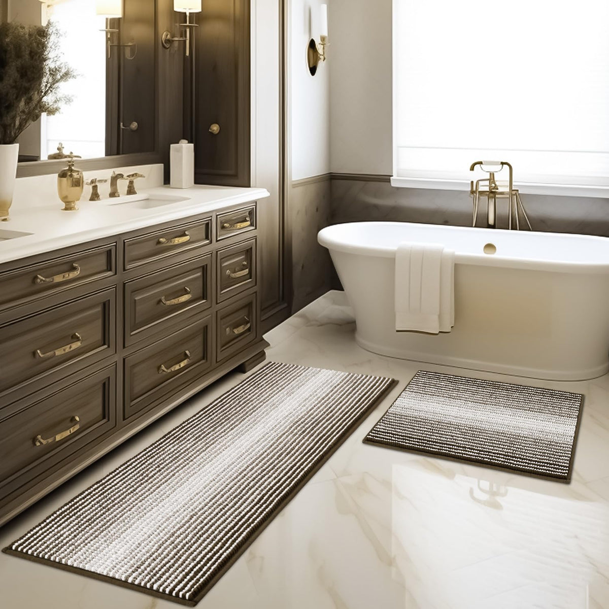 BSICPRO Bathroom Rugs Sets 2 Piece, Non Slip Striped Bath Mats, Fog Blue