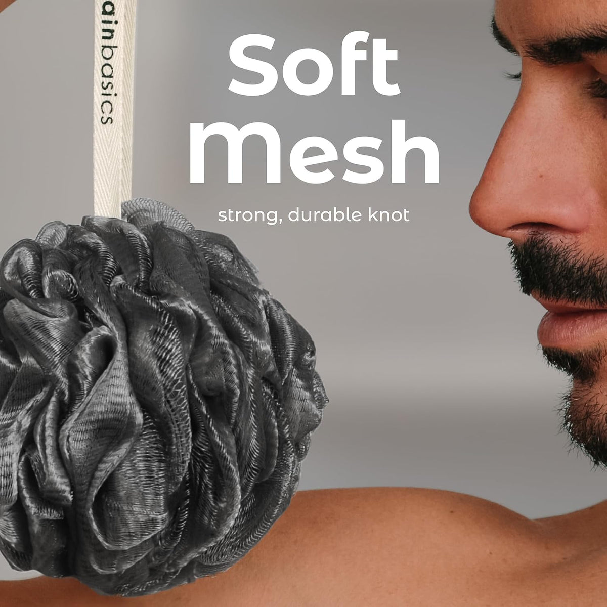 MainBasics Shower Loofah Sponge Pouf, Set of 3, Black Ice