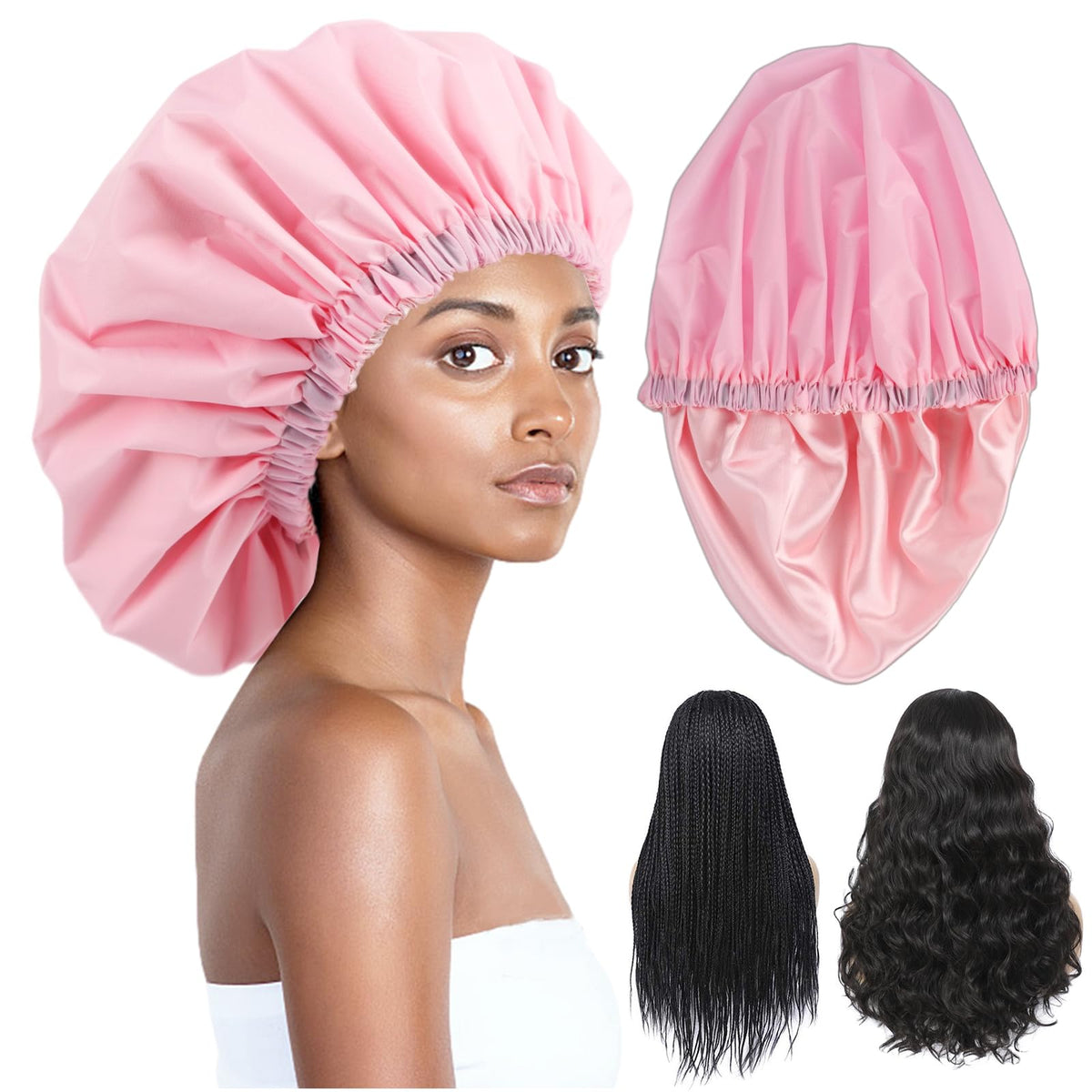 Shower Cap for Women Men Reusable Waterproof Bath Cap for Long Hair Braids