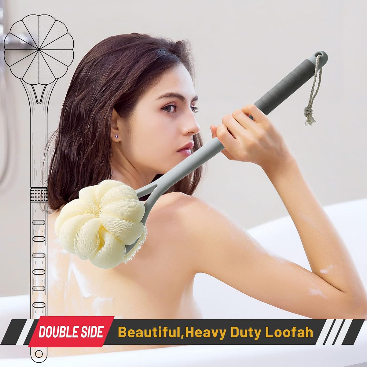 Shower Body Brush,Soft Bristles & Loofah Back Scrubber Bath Mesh Sponge