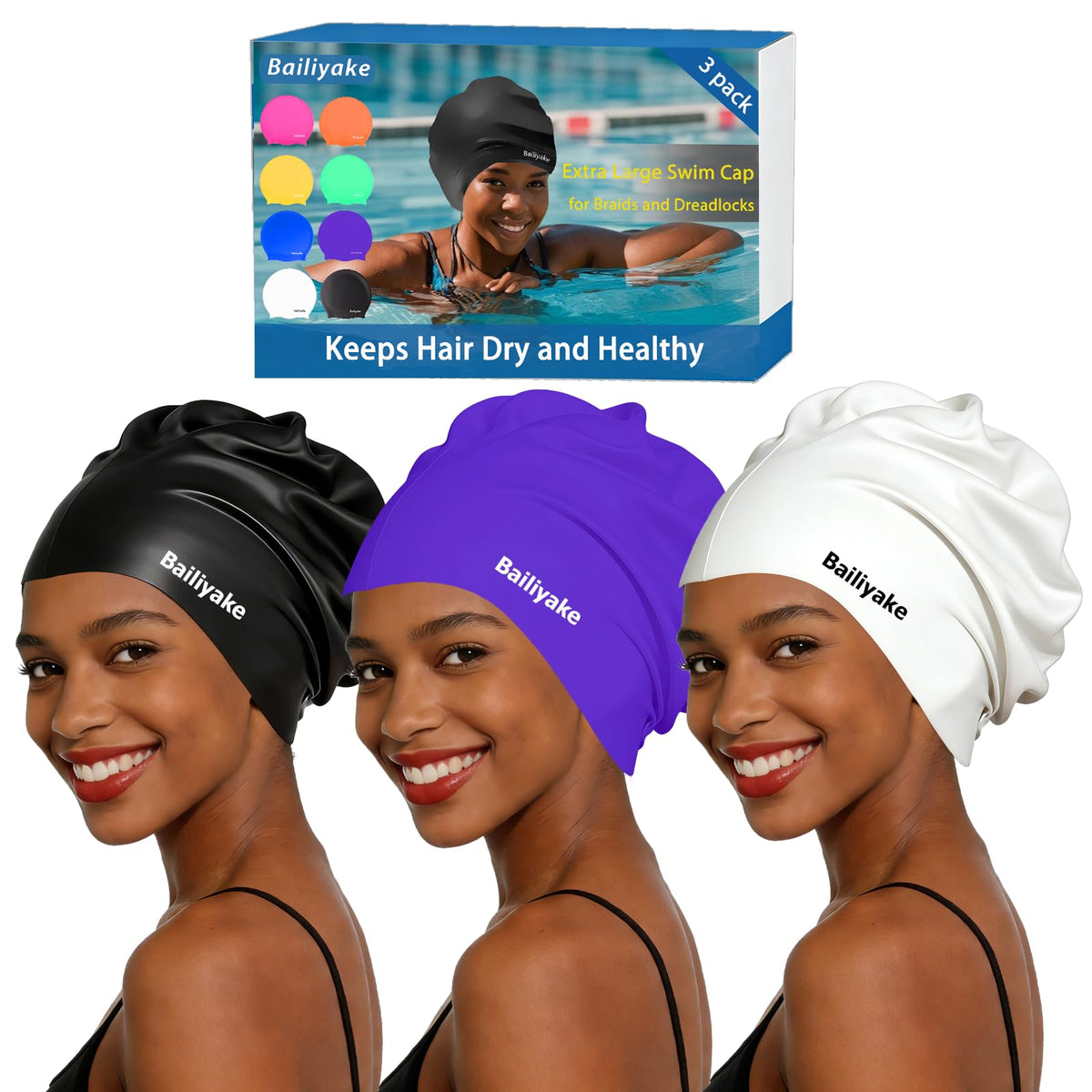 3 Pack Extra Large Swim Cap for Braids & Dreadlocks - Waterproof Silicone Swim Hat for Women with Long Thick Hair, Protective Swim Cap Cover Ears for Swimming, Shower, Bathing
