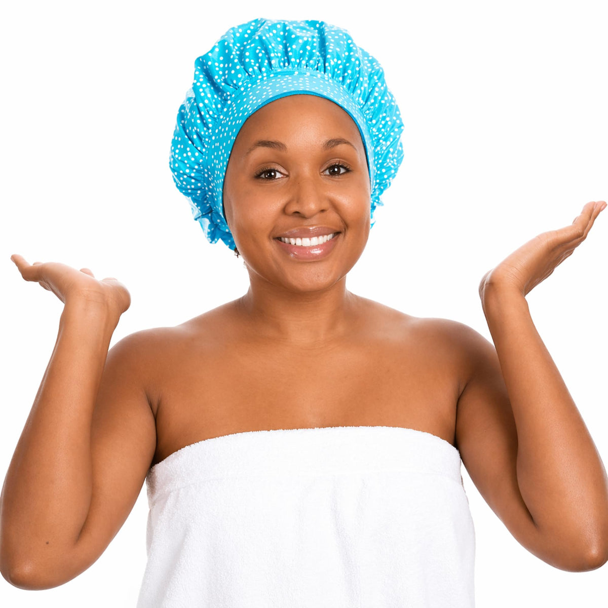 TIARA Reversible, Reusable, Waterproof Shower Cap – Large Shower Cap for Long. Short, Braided, or Thick Hair, Reversible Deep Conditioning Hair Cap, Soft Terry Lined, Machine Washable (Blue Dots)