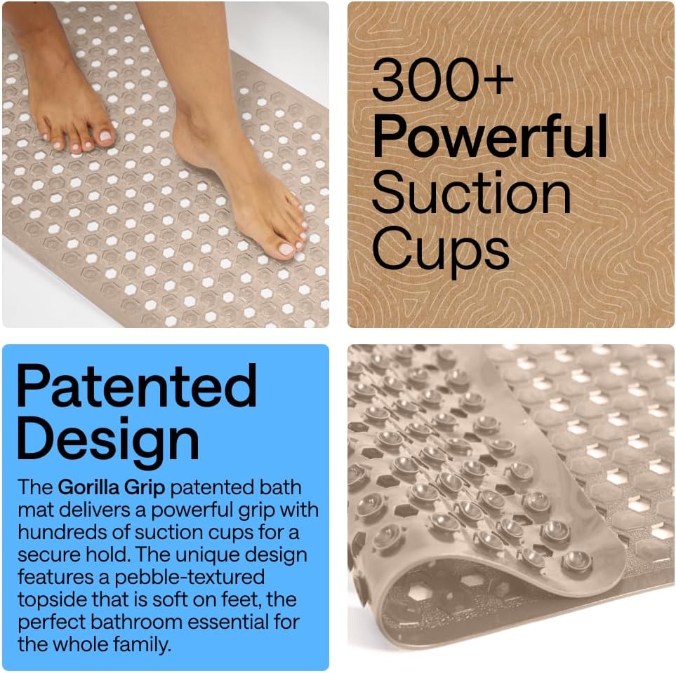 GORILLA GRIP Bath Tub Shower Mat, Bathtub Floor Liner, 35x16 Beige