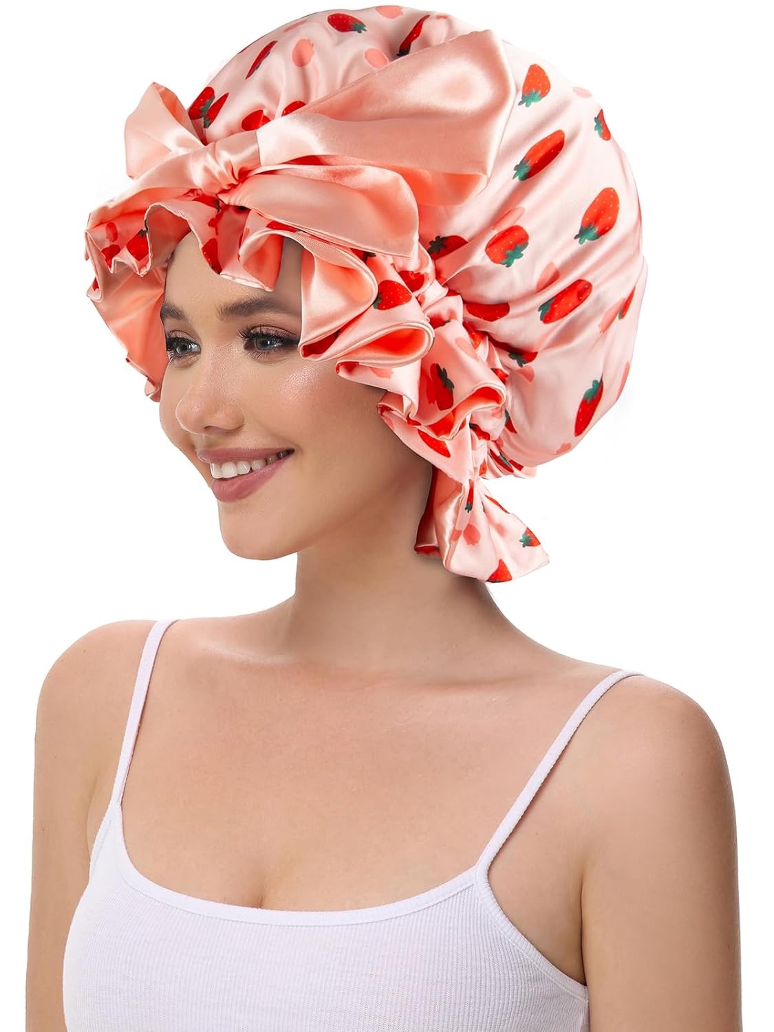 Silk Bonnet for Sleeping Women, Satin Hair Shower Cap 2025 Tie Band Adjustable Straps Head Wrap for Curly Hair Strawberries F