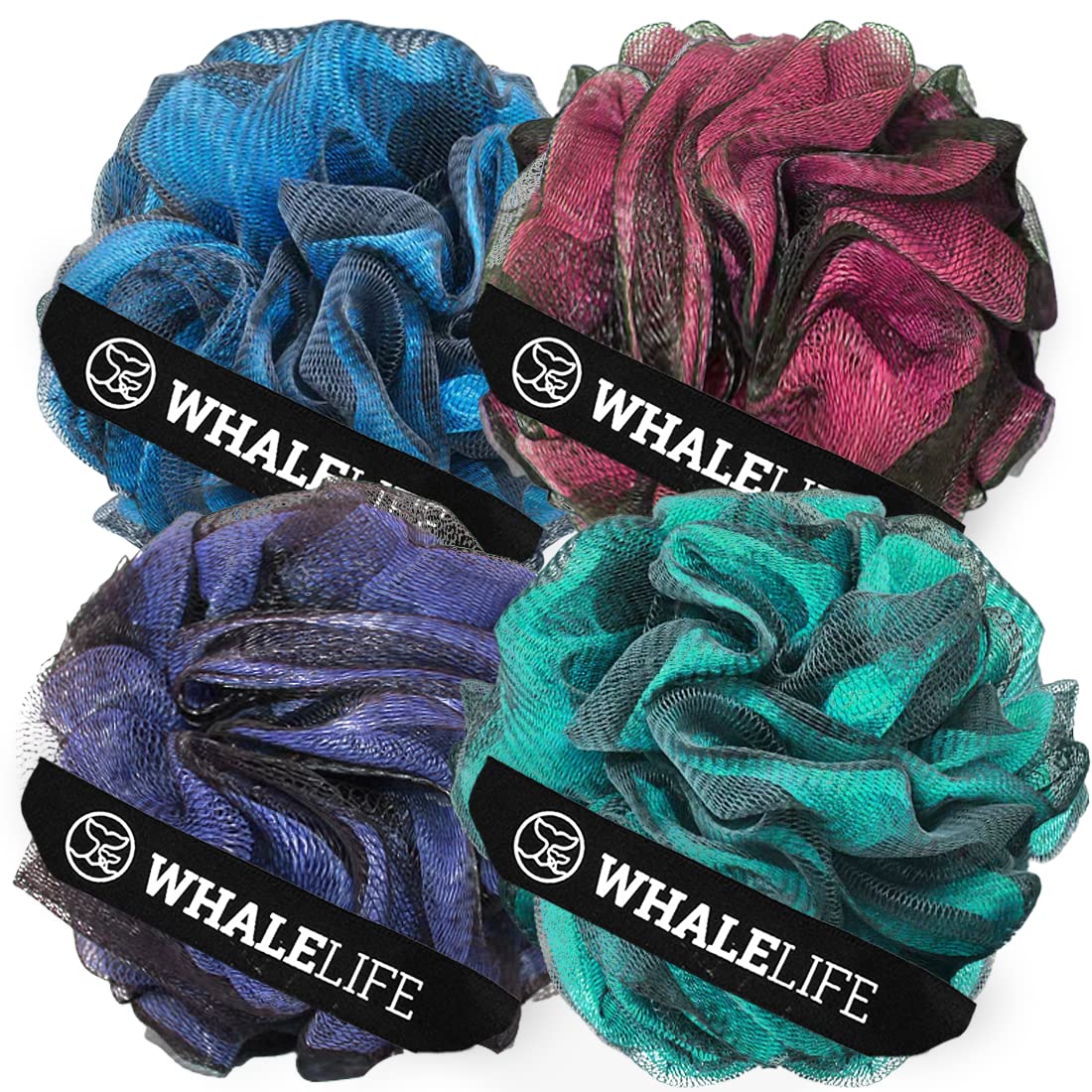 WhaleLife Bath Loofah Sponge for Shower - Body Scrubber 4-Pack Black