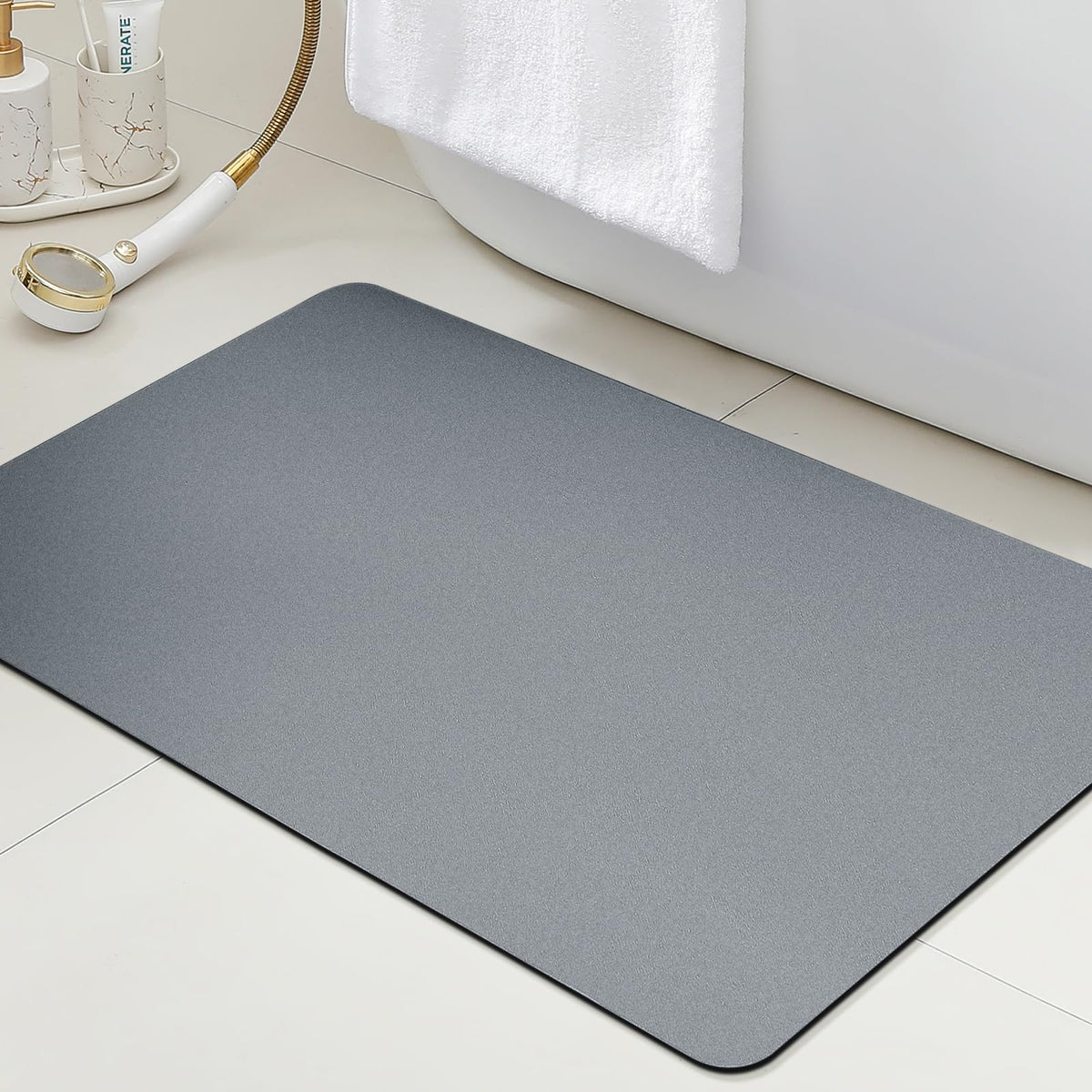 ACCUMTEK Non Slip Bath Mat, Thin Bathroom Rugs Fit Under Door, Quick Dry Bath Mats, Machine Washable Bath Rugs for Bathroom, Bathtub & Kitchen, Grey/Bordered/24 x17